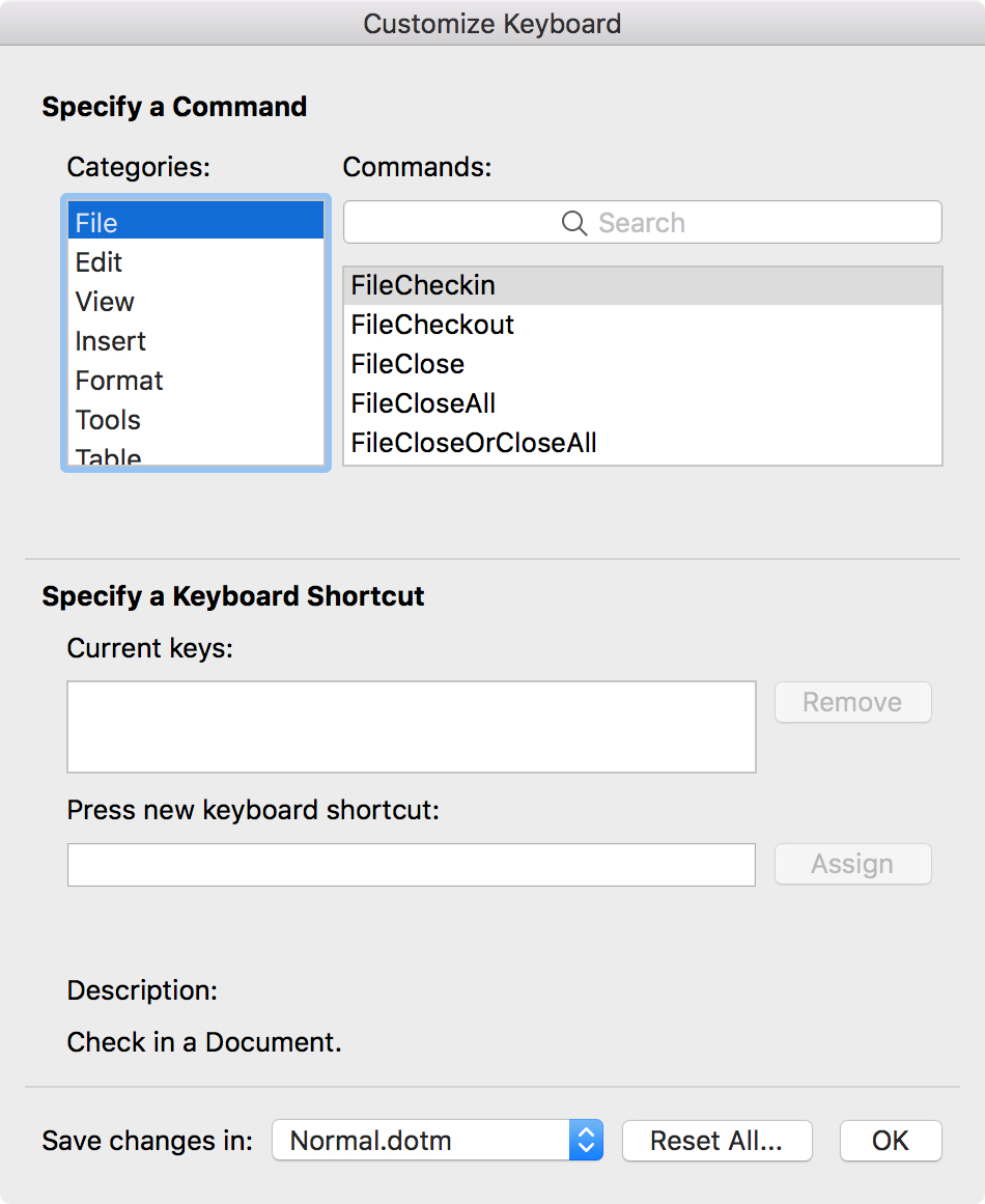word for mac 2016 shortcuts